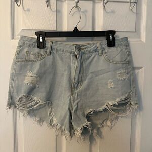 SHEIN Blue Distressed Jean Shorts with Frayed Hem